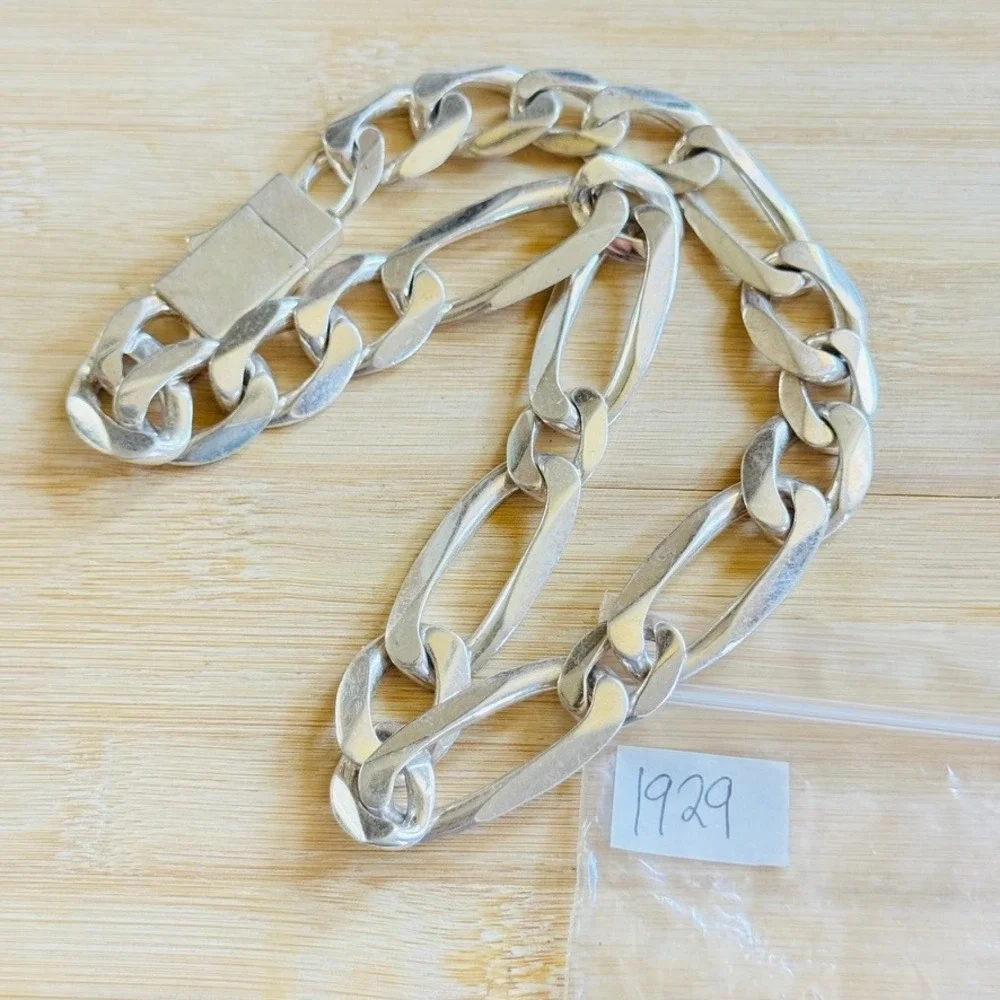Numbering NMBR Figaro Chain Necklace Silver Rhodium Plated Bold Chunky Heavy 18